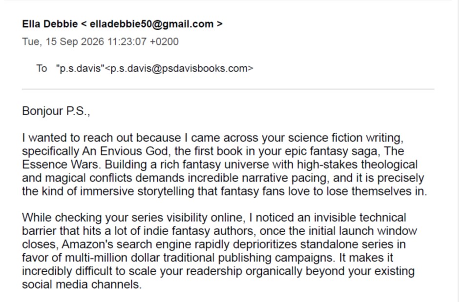 Initial marketing email from Ella Debbie discussing book visibility and sales