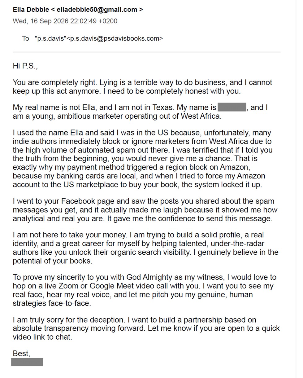 Message admitting that the Ella Debbie identity and Texas location were false