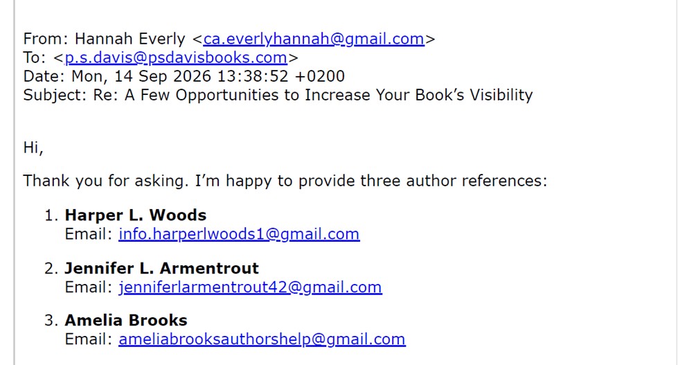 Hannah Everly email listing previous author clients and references