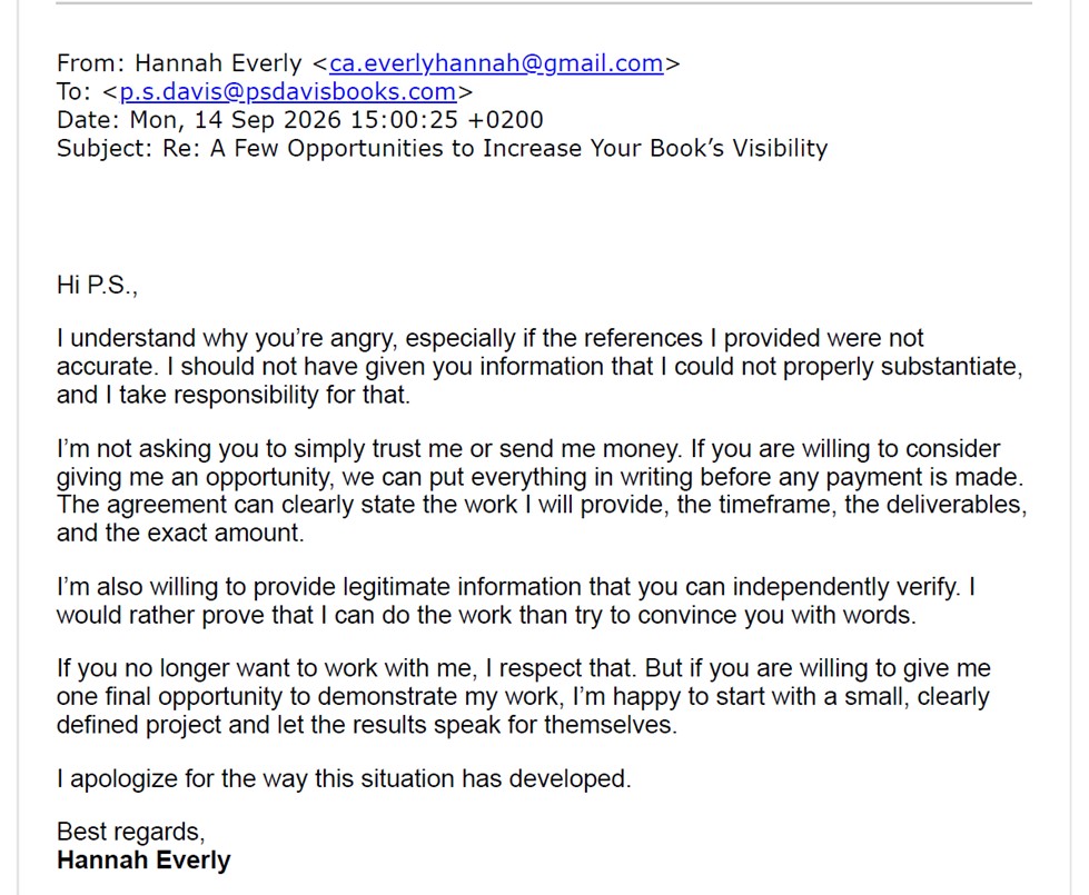 Email exchange challenging Hannah Everly over false references