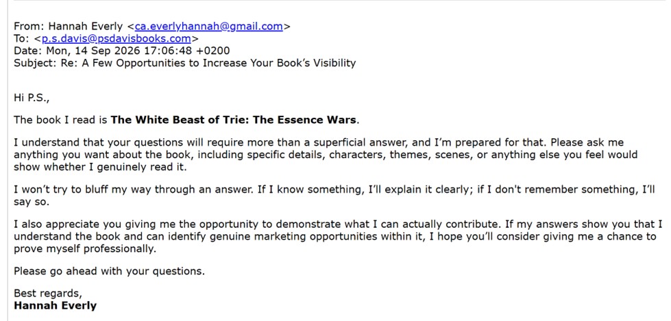 Hannah Everly email claiming to have read The White Beast of Trie and promising not to bluff
