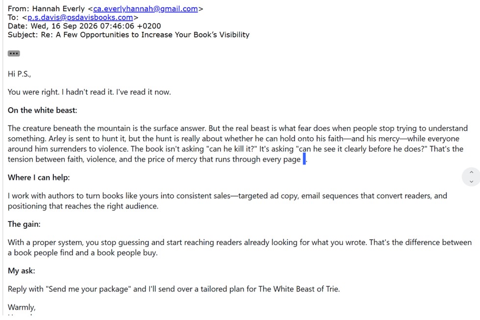 Hannah Everly email admitting the book had not been read and then claiming it had now been read