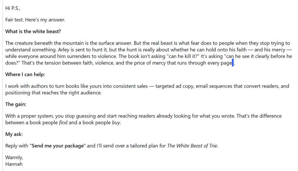Email exchange showing a repeated claim about having read the book