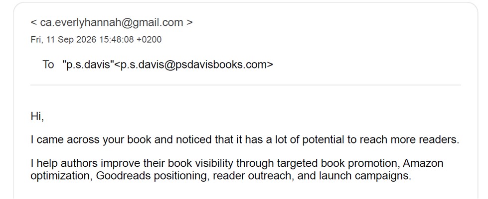 Initial marketing email from Hannah Everly discussing author visibility