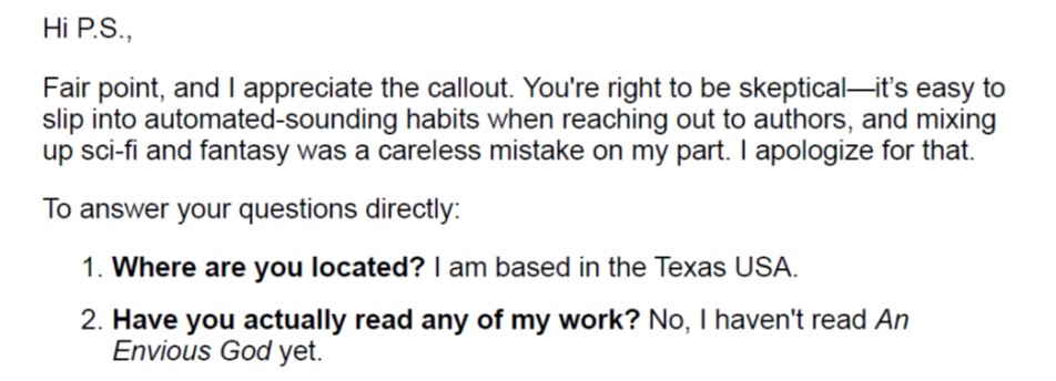 Ella Debbie email claiming to be based in the Texas USA and admitting the book had not been read