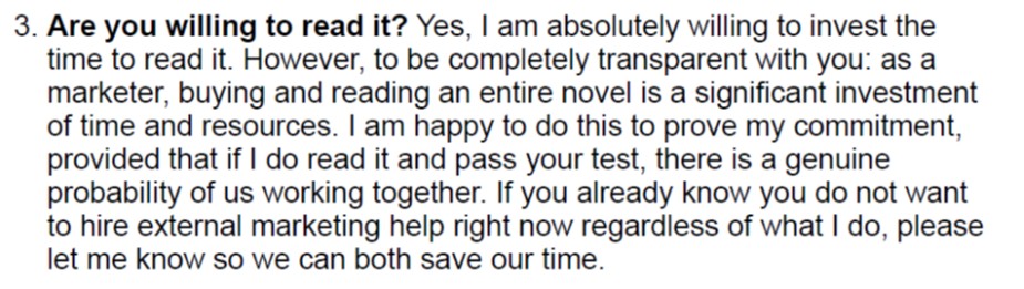 Email exchange about the cost and effort of reading a book before marketing it