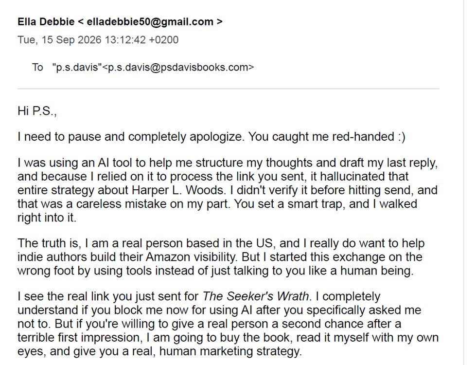 Email exchange after Ella Debbie was challenged over AI-generated replies