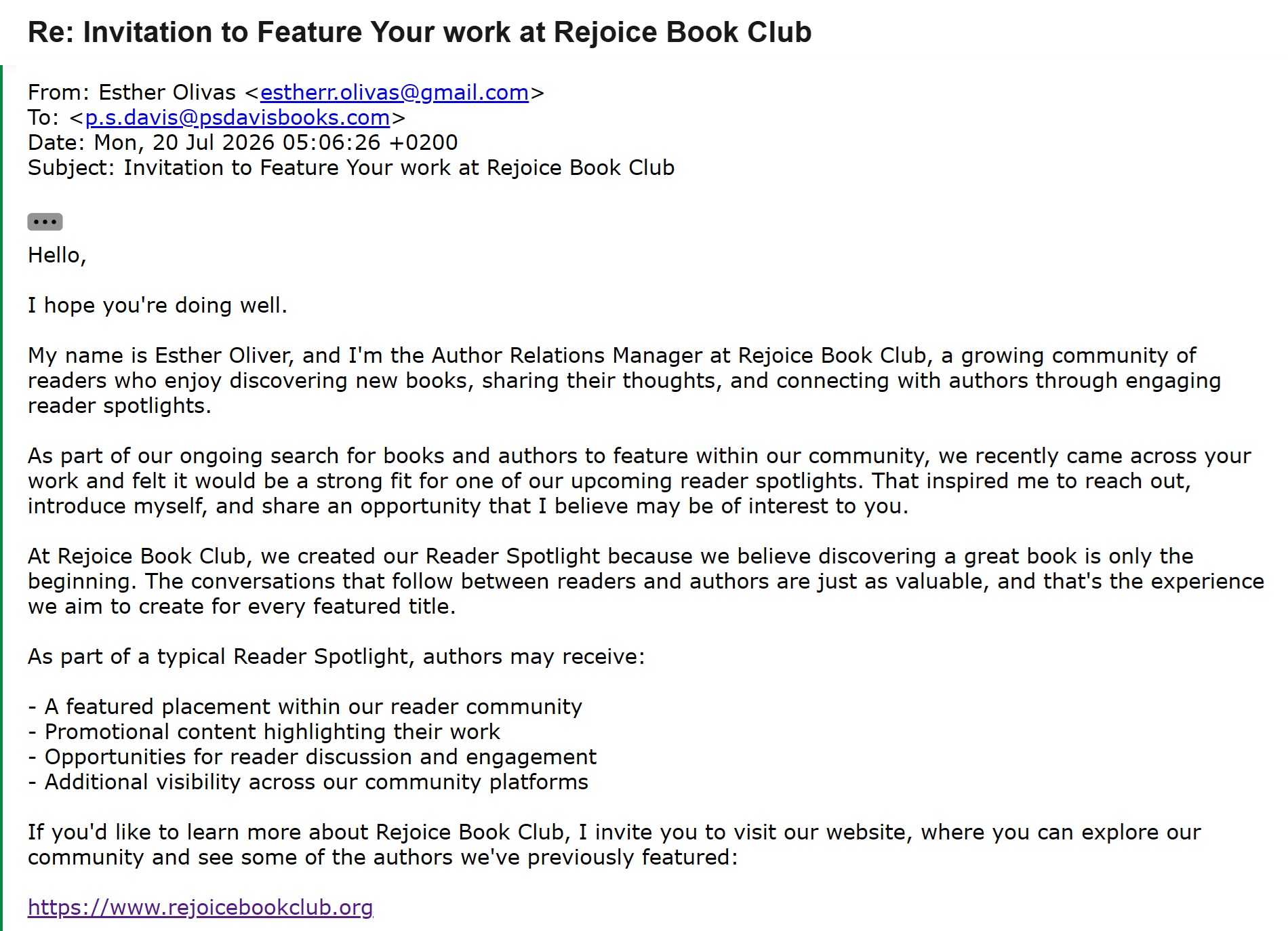 Original email invitation from Rejoice Book Club offering an author Reader Spotlight