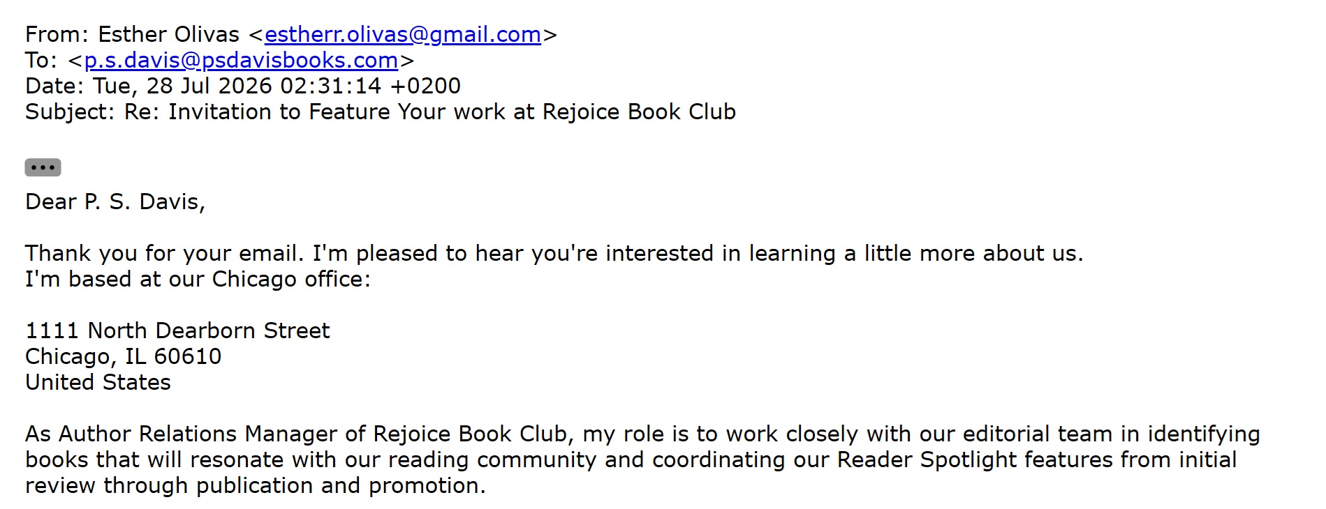 Email claiming that Rejoice Book Club operated from a Chicago office