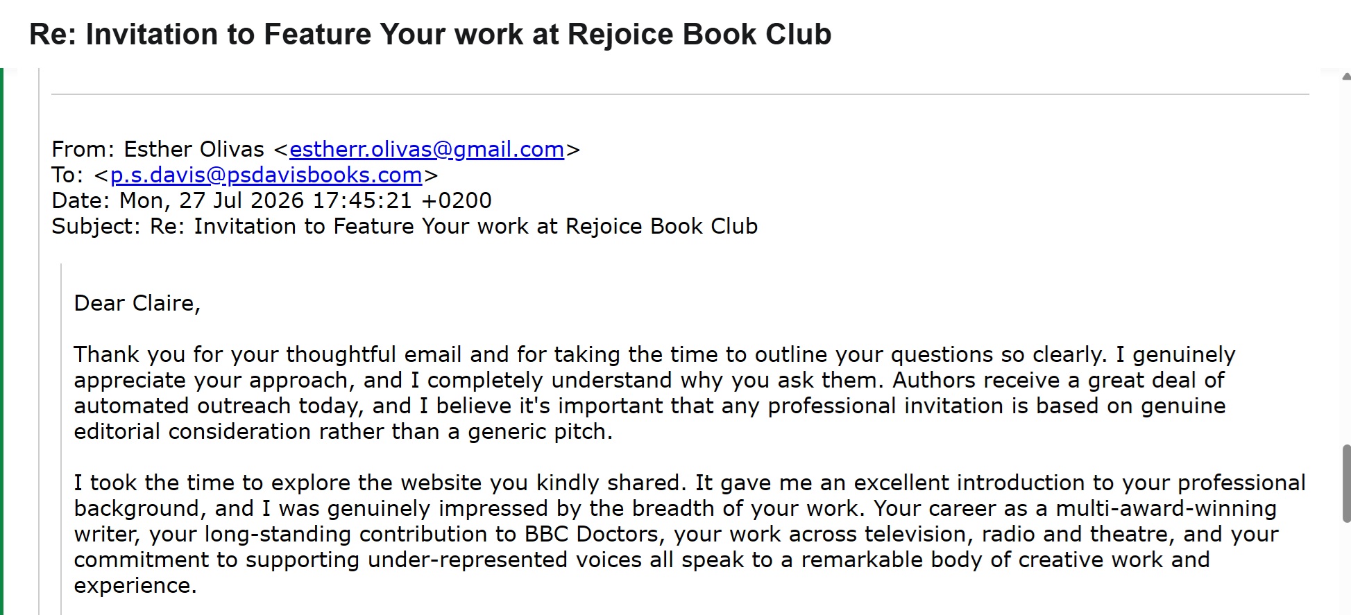 Email from Rejoice Book Club addressing P. S. Davis as Claire and praising work on BBC Doctors