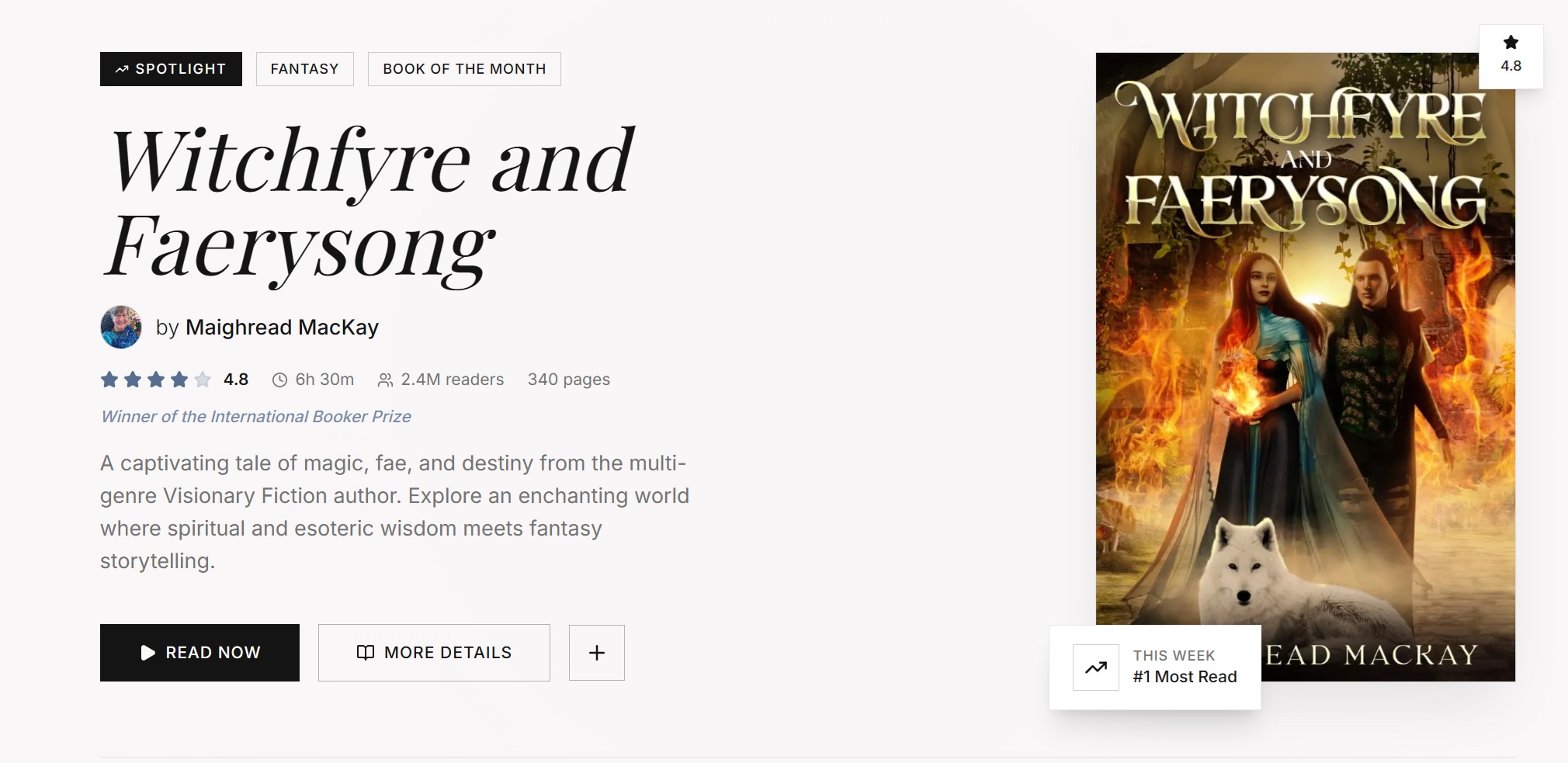 Rejoice Book Club webpage claiming an International Booker Prize for Witchfyre and Faerysong