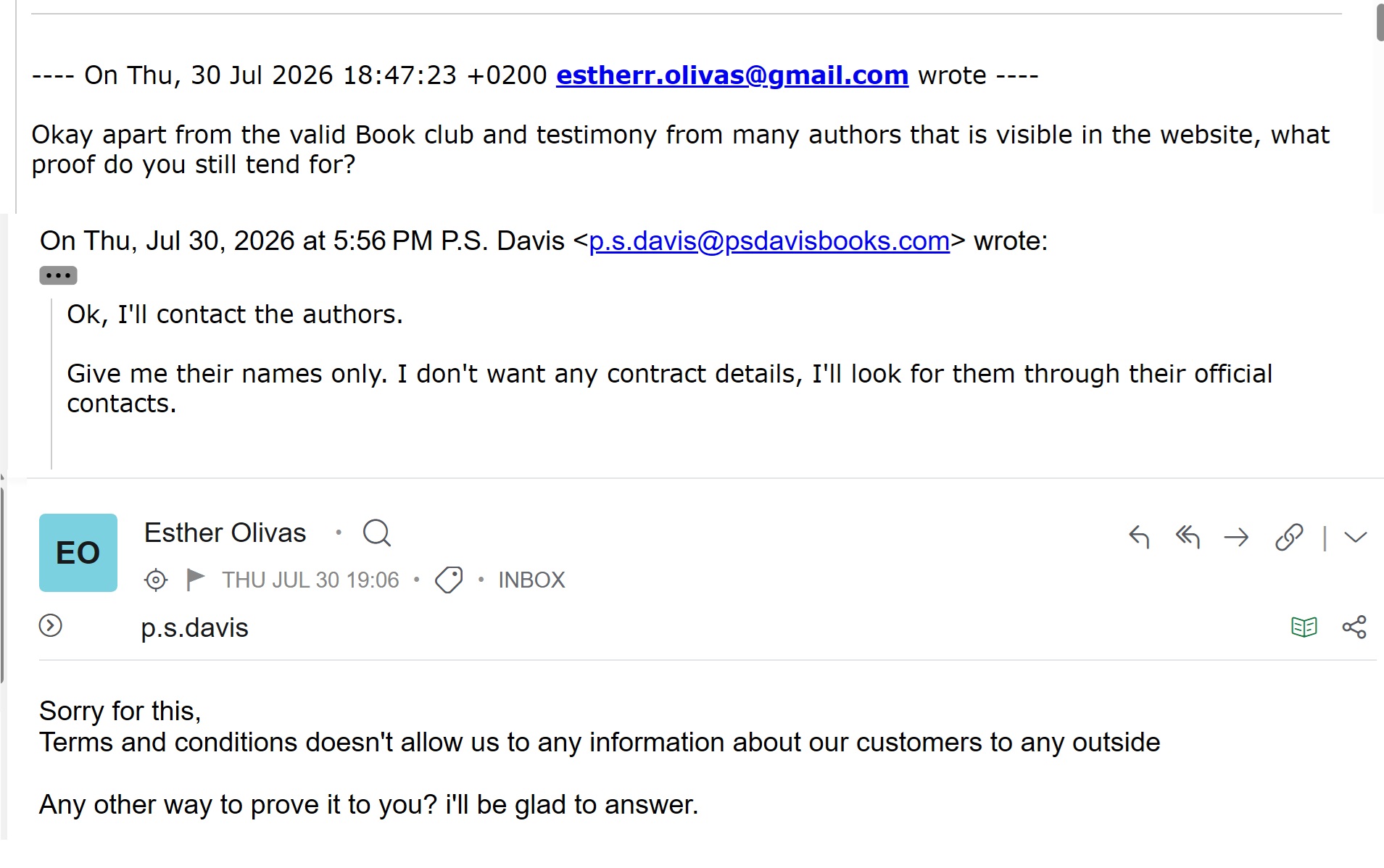 Email refusing to identify previous author clients for independent verification