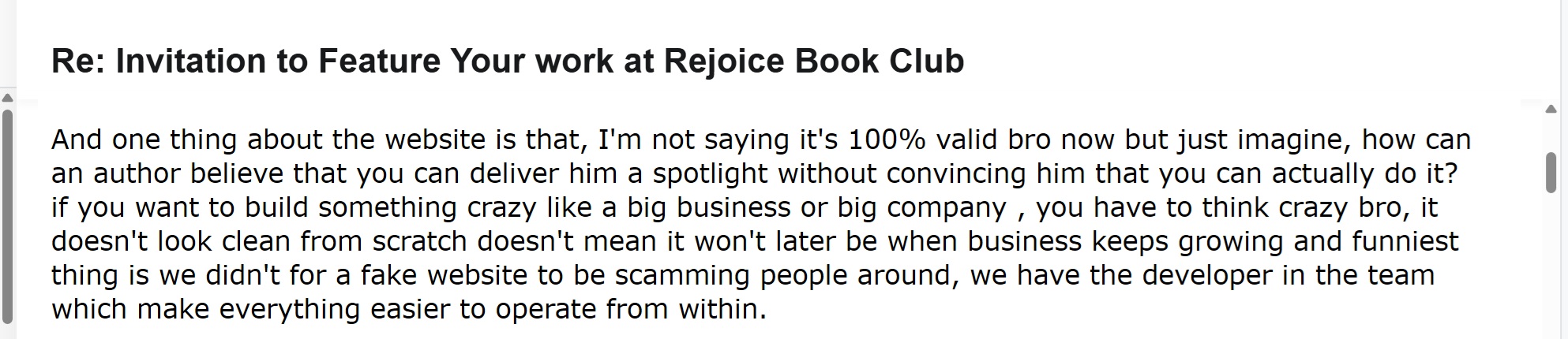 Email admitting that the Rejoice Book Club website was not fully valid