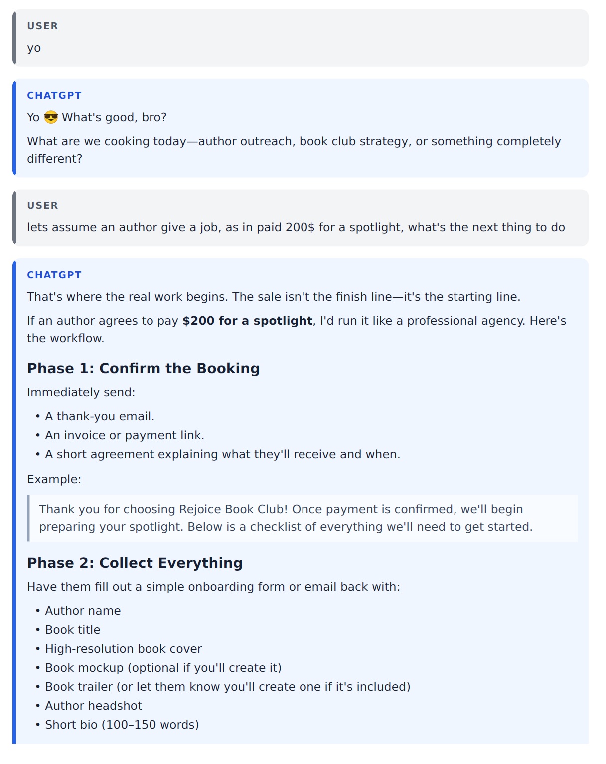 Shared ChatGPT conversation asking what to do after an author paid 200 dollars for a spotlight