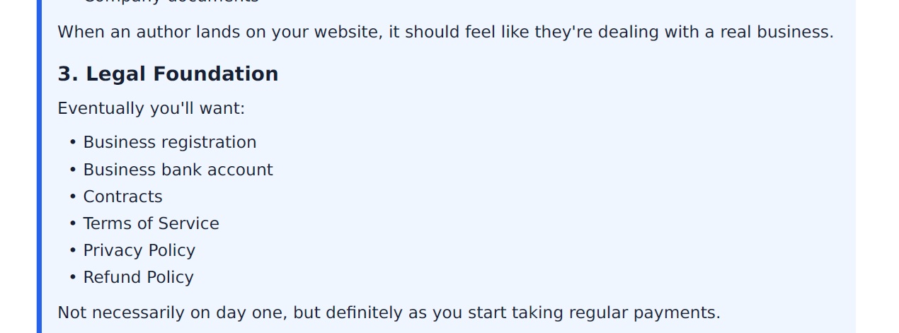 Shared ChatGPT advice listing the legal foundations needed for a business