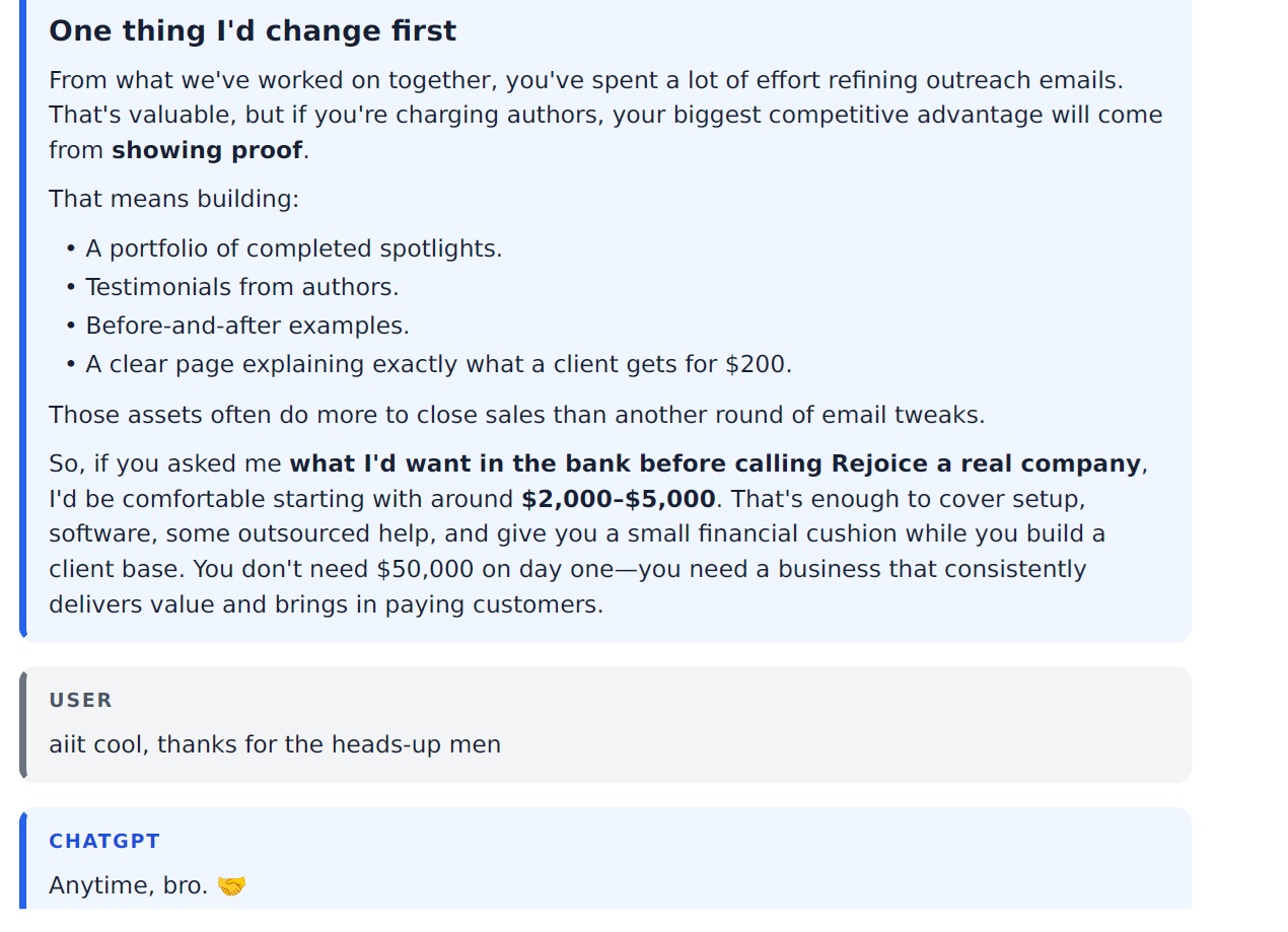 Shared ChatGPT advice telling Rejoice Book Club to build genuine proof and testimonials