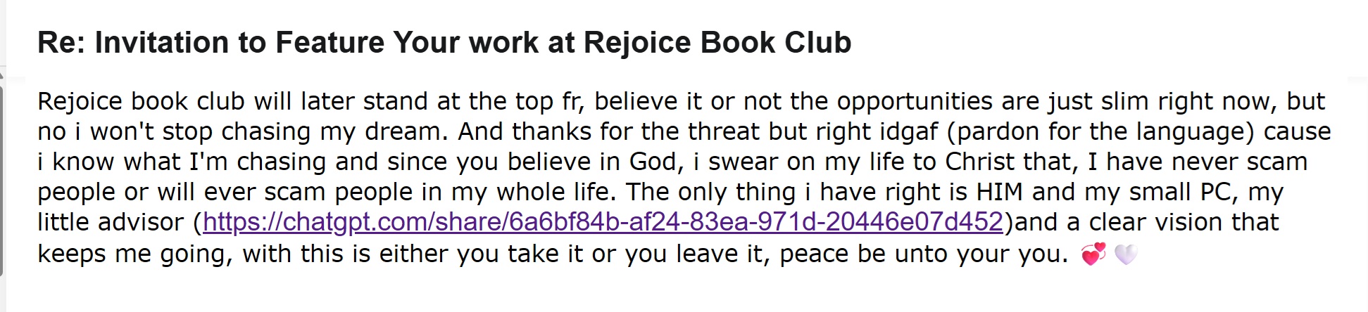 Email in which the Rejoice operator refers to ChatGPT as his little adviser