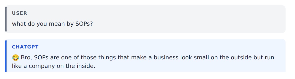 Shared ChatGPT conversation in which the operator asks what SOPs are