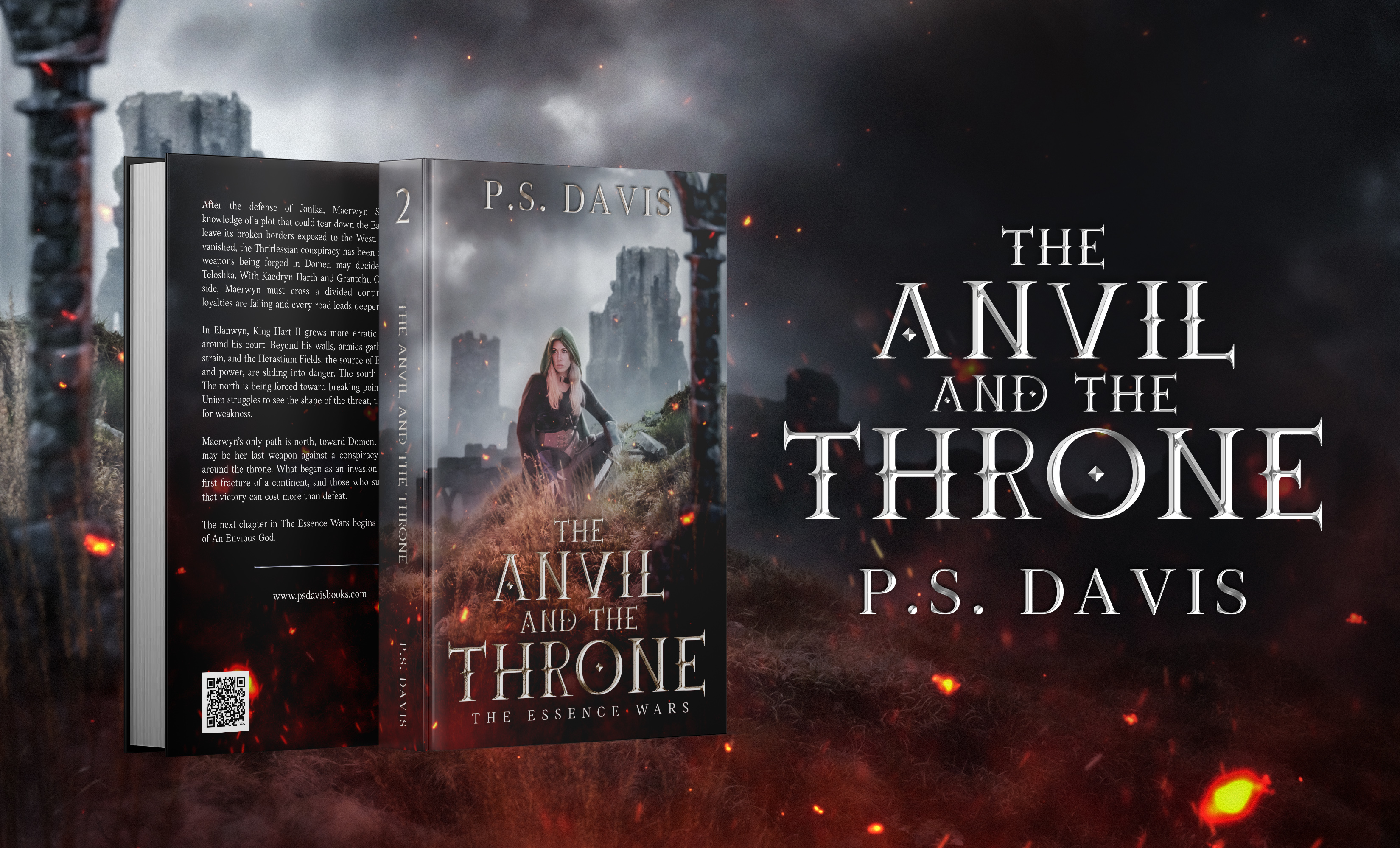 The Anvil and the Throne release artwork showing the complete book cover against a dark, ember-filled battlefield