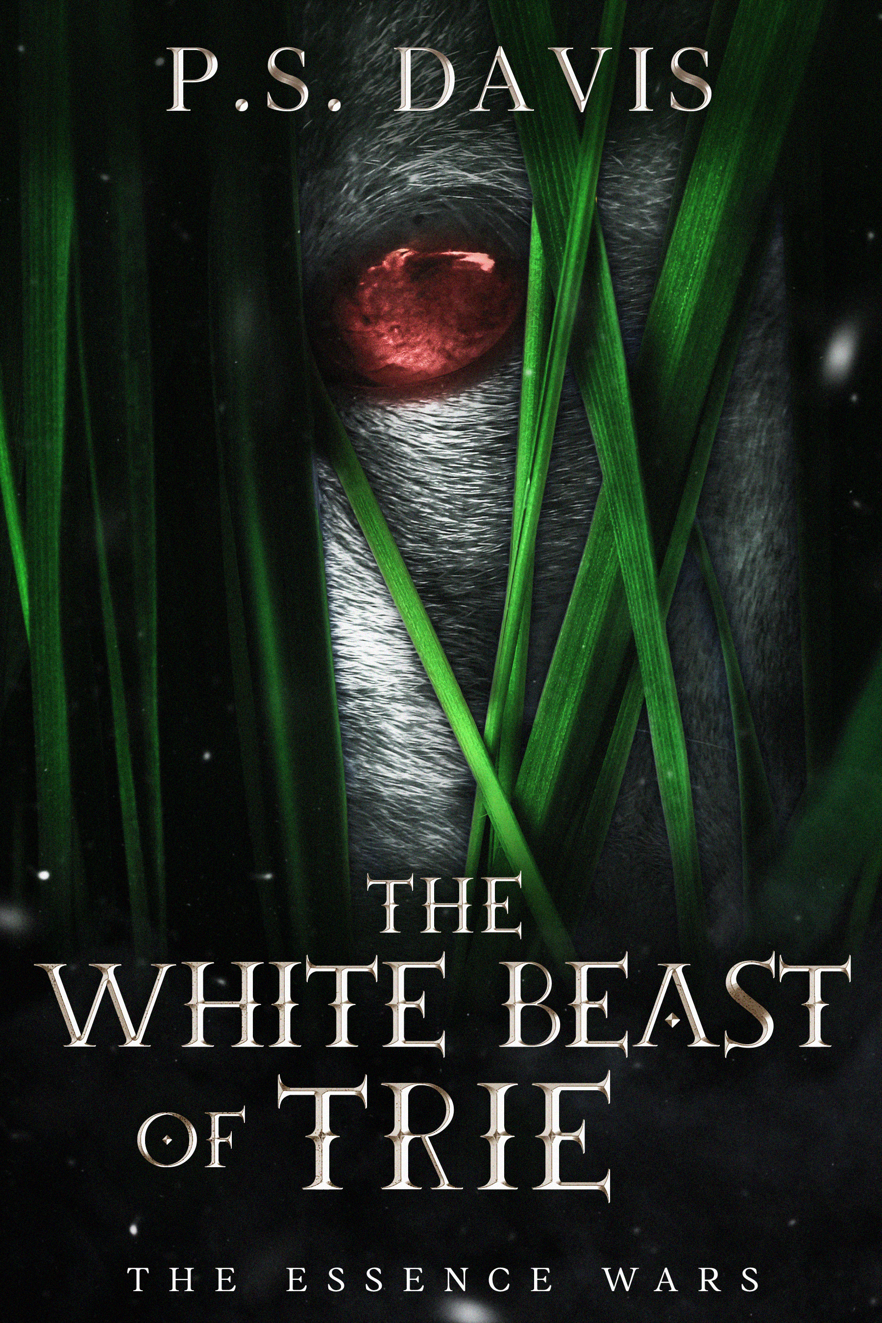 Book cover of The White Beast of Trie by P. S. Davis showing a red-eyed white beast hidden behind dark green grass